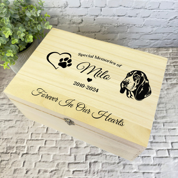 Heart Paw Print Basset Hound Pet Memorial Personalised Wooden Keepsake Box