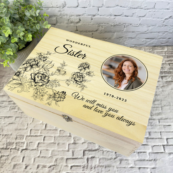 Sister Black Flowers Photo Frame Memorial Personalised Wooden Keepsake Box