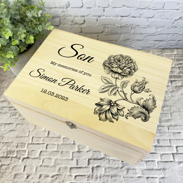 Son Memories Of You Black Flower Memorial Personalised Wooden Keepsake Box