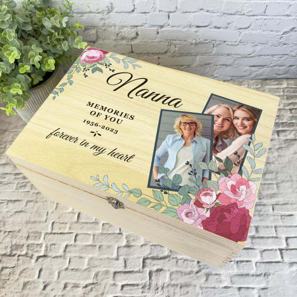 Nanna Pink Floral Photos Memorial Personalised Wooden Memory Keepsake Box