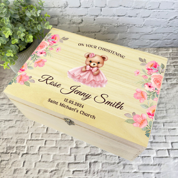 Pink Floral Dress Teddy Bear Christening Personalised Wooden Memory Keepsake Box