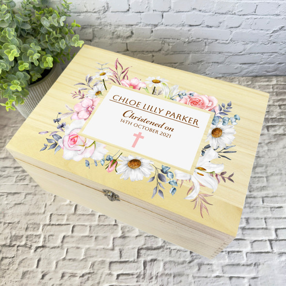 Watercolour Blue White Pink Cross Christening Personalised Wooden Keepsake Box