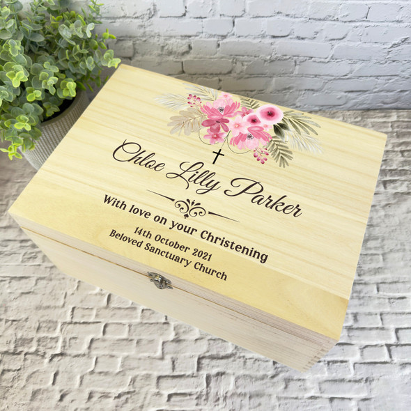 Watercolour With Love Pink Floral Christening Personalised Wooden Keepsake Box