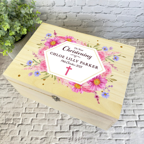 Floral Pink Cross On Your Christening Personalised Wooden Memory Keepsake Box