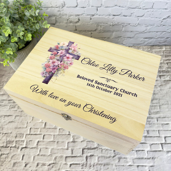 Pink Floral Cross Christening Personalised Storage Wooden Memory Keepsake Box