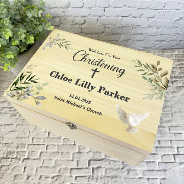 Green Leaves White Floral Dove Christening Personalised Wooden Keepsake Box