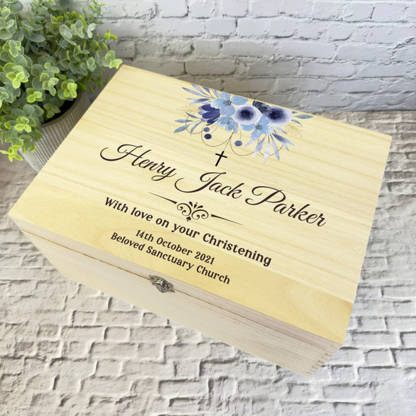 Watercolour Blue Floral Cross Christening Personalised Wooden Keepsake Box