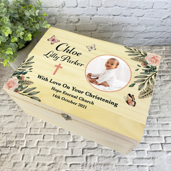 Watercolour Peach Round Photo Christening Personalised Wooden Keepsake Box