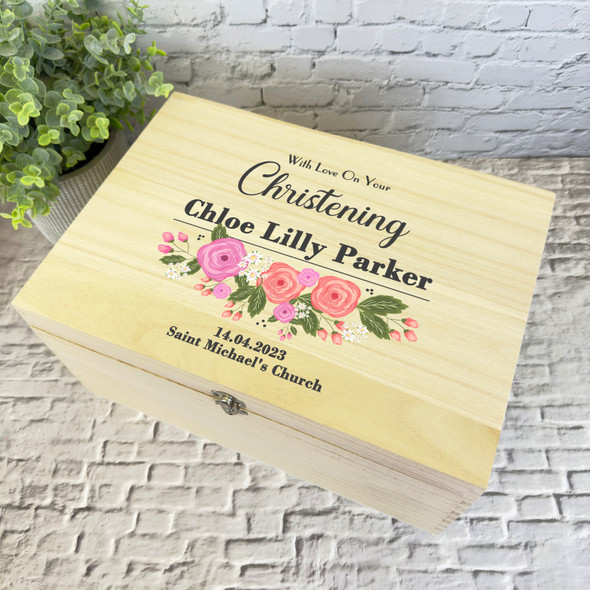 With Love Pink Floral Christening Personalised Wooden Memory Keepsake Box