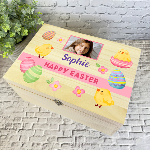 Happy Easter Egg Chick Photo Easter Hamper Gift Personalised Wooden Keepsake Box