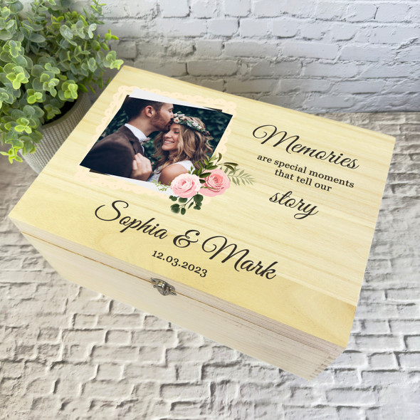 Vintage Floral Photo Frame Memories Wedding Day Personalised Wooden Keepsake Box