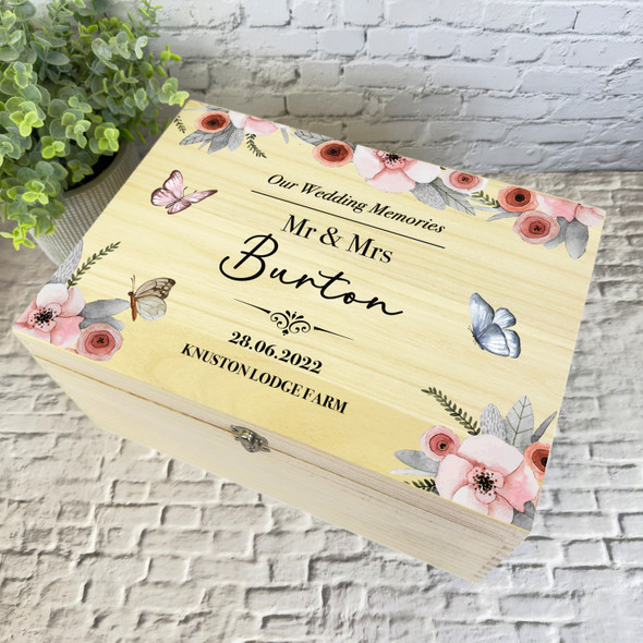 Watercolour Pink Butterflies Wedding Day Personalised Wooden Memory Keepsake Box