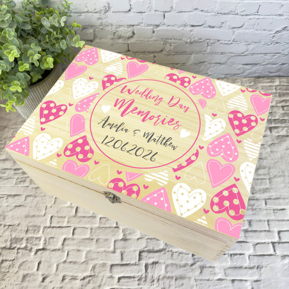 Wedding Memories Pink Hearts Wedding Day Personalised Wooden Memory Keepsake Box