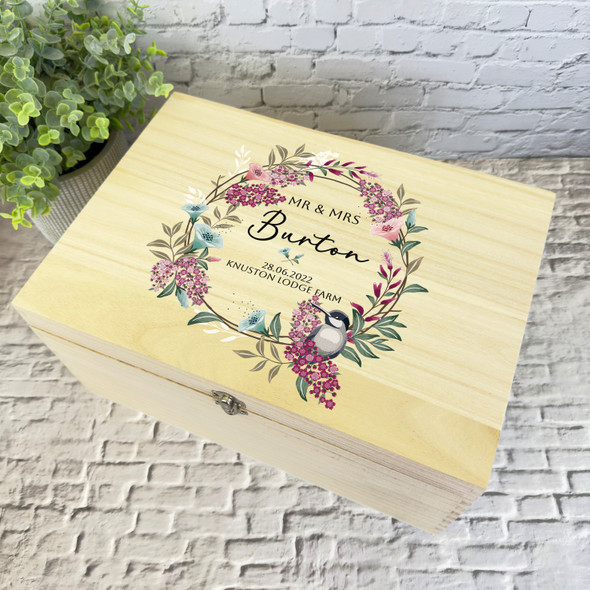 Purple Floral Wreath Mr & Mrs Bird Wedding Day Personalised Wooden Keepsake Box