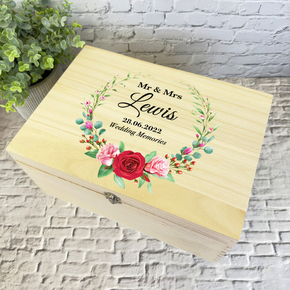 Red Roses Mr & Mrs Wreath Memories Wedding Day Personalised Wooden Keepsake Box