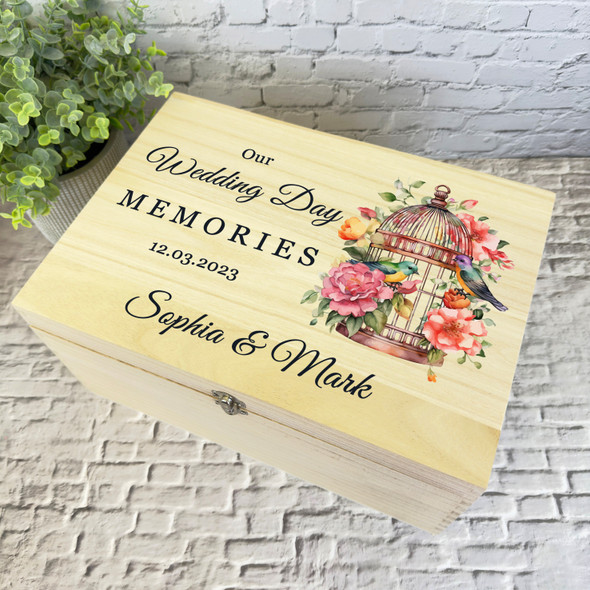 Floral Birdcage Memories Wedding Day Personalised Wooden Memory Keepsake Box