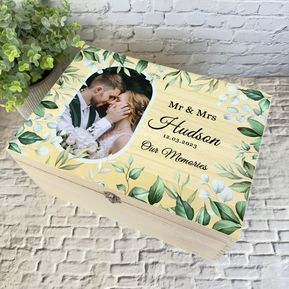 Watercolour Green Leaves Wedding Day Personalised Wooden Memory Keepsake Box