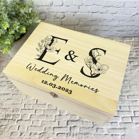 Black Floral Initials Wedding Day Memories Personalised Wooden Keepsake Box