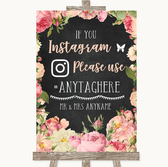 Chalkboard Style Pink Roses Instagram Hashtag Personalised Wedding Sign
