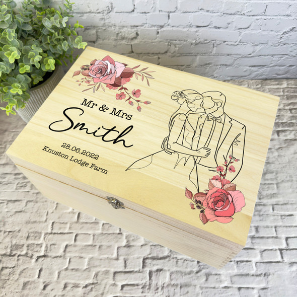 Vintage Rose Wedding Line Art Wedding Day Personalised Wooden Keepsake Box