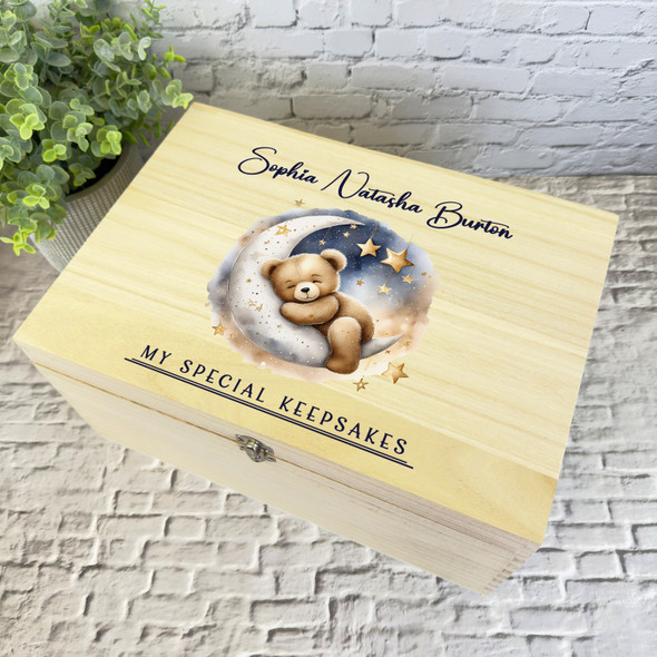 Sleeping Teddy Bear On The Moon Stars Personalised Wooden Memory Keepsake Box