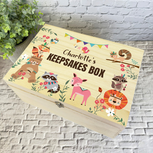 Woodland Animals Kids Personalised Wooden Keepsake Storage Box