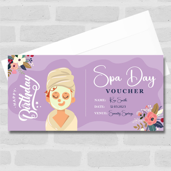 Purple Background Floral Spa Day Women Personalised Surprise Ticket Gift Voucher