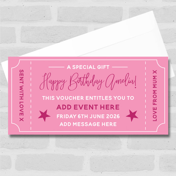 Happy Birthday Any Event Pink Special Personalised Surprise Ticket Gift Voucher