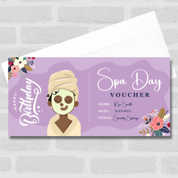 Purple Floral Spa Day Dark Skin Women Personalised Surprise Ticket Gift Voucher