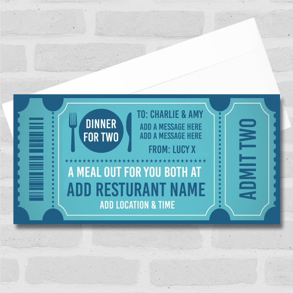 Dinner For Two Gift Blue Any Occasion Personalised Surprise Ticket Gift Voucher