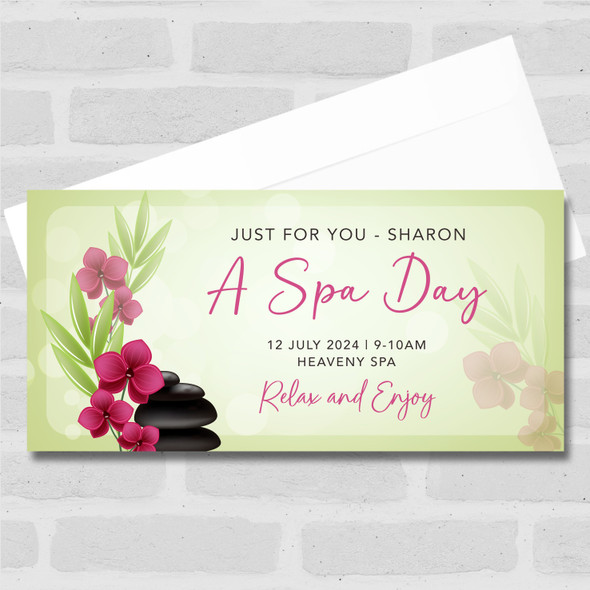 Green Background Pink Spa Stones Gift Personalised Surprise Ticket Gift Voucher