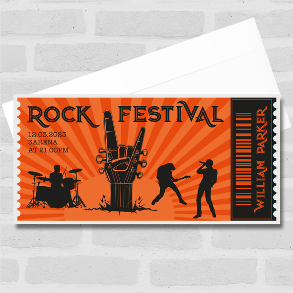 Orange Rock Band Silhouette Any Event Personalised Surprise Ticket Gift Voucher