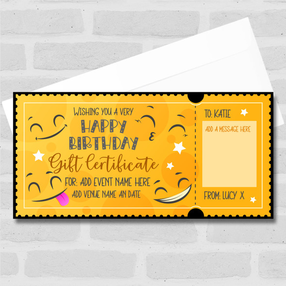 Birthday Gift Any Gift Yellow Smiles Personalised Surprise Ticket Gift Voucher