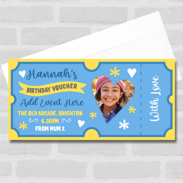 Blue Birthday Voucher Photo Any Gift Personalised Surprise Ticket Gift Voucher