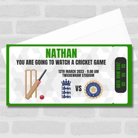 Cricket Game Elements Any Match Gift Personalised Surprise Ticket Gift Voucher