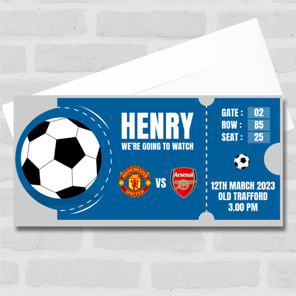 Blue Football Match Watch Any Team Personalised Surprise Ticket Gift Voucher