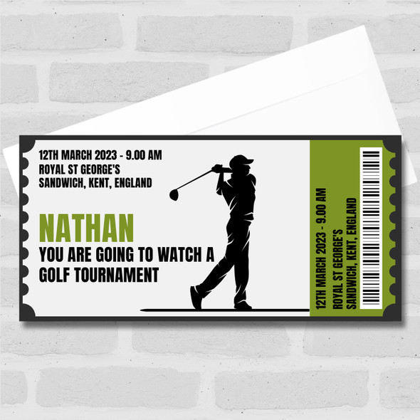 Going To Watch Golf Tournament Personalised Surprise Ticket Gift Voucher