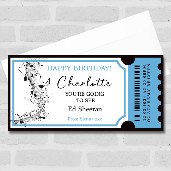 Blue Music Birthday Concert Personalised Surprise Ticket Gift Voucher