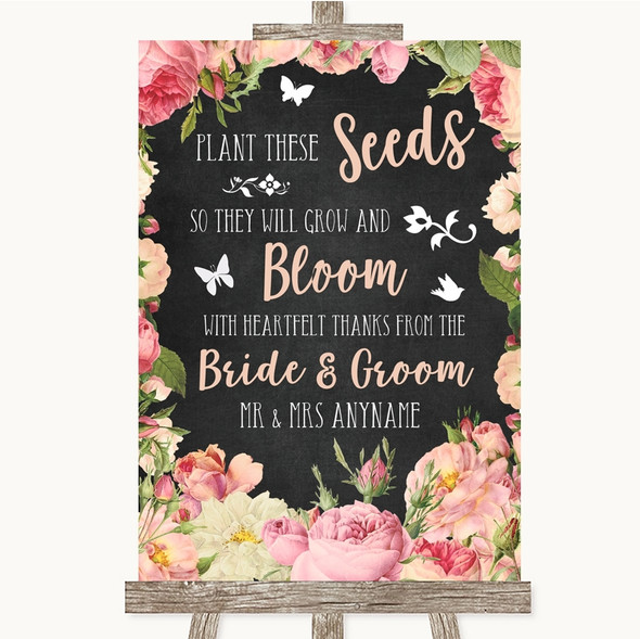 Chalkboard Style Pink Roses Plant Seeds Favours Personalised Wedding Sign