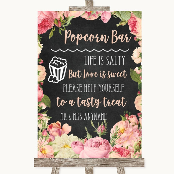 Chalkboard Style Pink Roses Popcorn Bar Personalised Wedding Sign