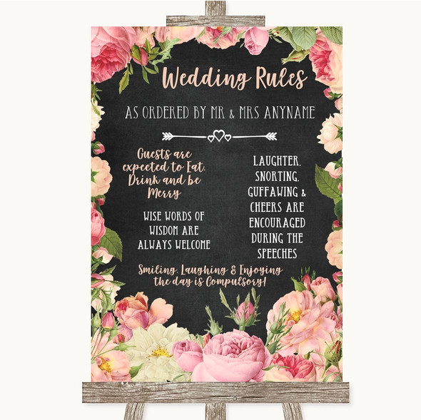 Chalkboard Style Pink Roses Rules Of The Wedding Personalised Wedding Sign