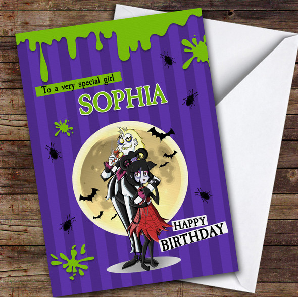 Beetlejuice Purple Green Splash Any Age Personalised Kid's Birthday Card