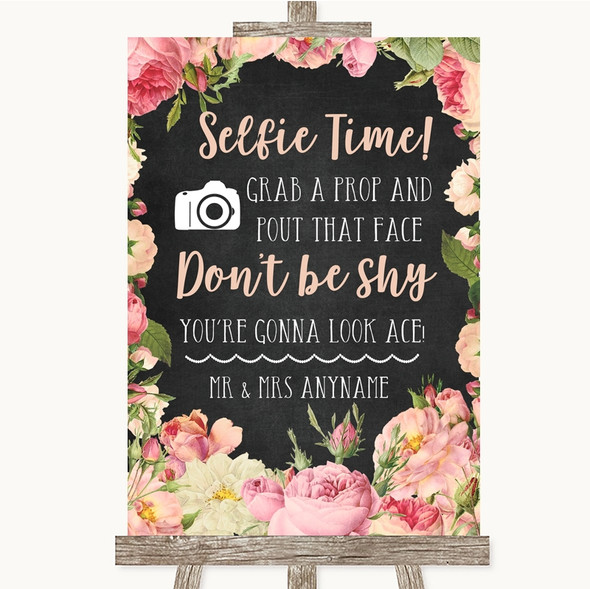 Chalkboard Style Pink Roses Selfie Photo Prop Personalised Wedding Sign
