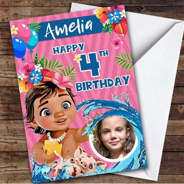 Moana Sea Pink Girl's Photo Any Age Children's Personalised Kid's Birthday Card