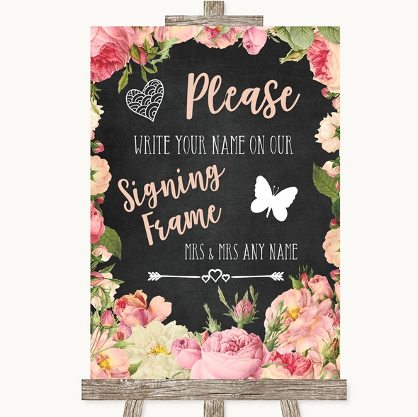 Chalkboard Style Pink Roses Signing Frame Guestbook Personalised Wedding Sign