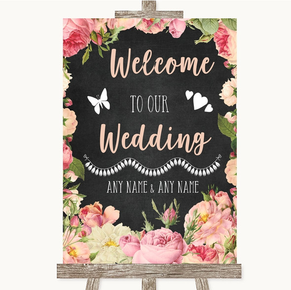 Chalkboard Style Pink Roses Welcome To Our Wedding Personalised Wedding Sign