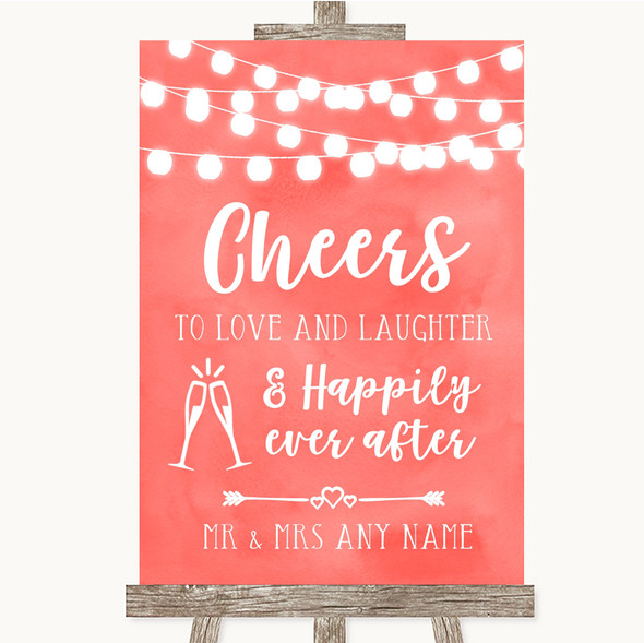 Coral Watercolour Lights Cheers To Love Personalised Wedding Sign