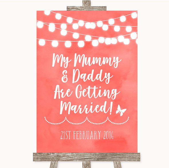 Coral Watercolour Lights Mummy Daddy Getting Married Personalised Wedding Sign