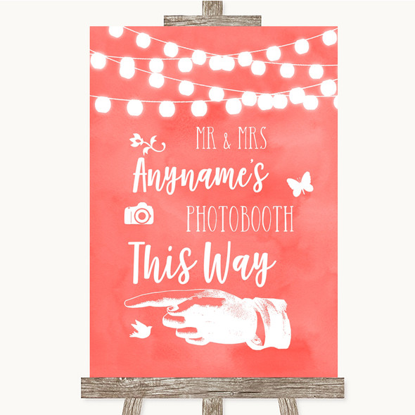 Coral Watercolour Lights Photobooth This Way Left Personalised Wedding Sign