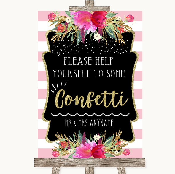 Gold & Pink Stripes Take Some Confetti Personalised Wedding Sign